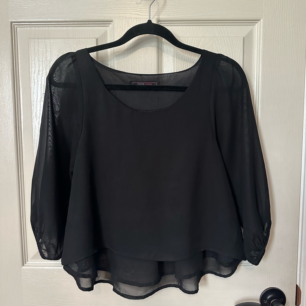 *Vintage* black sheer blouse with flowy layers, slight crop. Women’s size M.